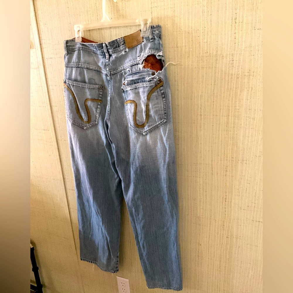 Worn Grunge Holes Distressed Mens Gold Lable Baggy Jeans Blue Size 32 x 32 B05